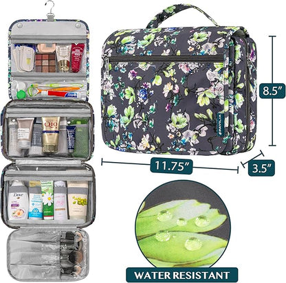 PAVILIA Hanging Toiletry Bag Women Men, Foldable Cosmetic Organizer Travel Bag, Water Resistant Makeup Bag Toiletries, Large Travel Essentials Kit (Grey Floral)
