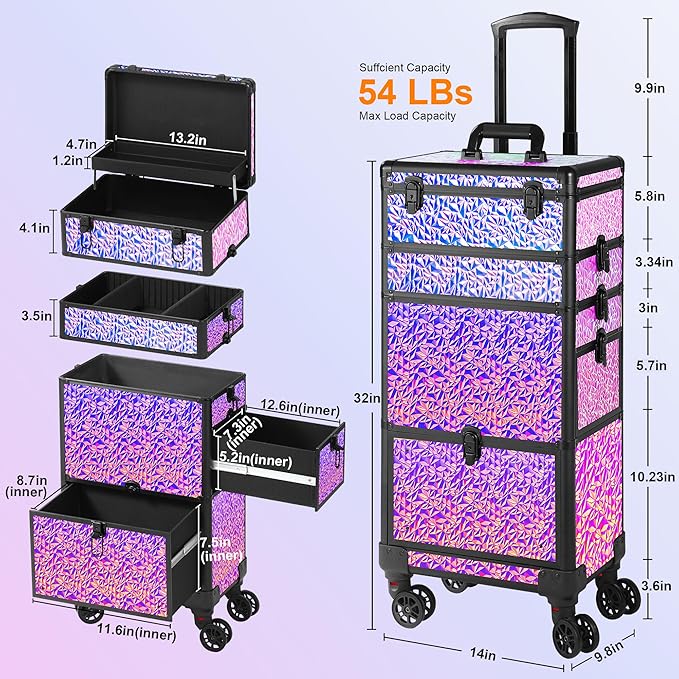 Rolling Makeup Case with Large Drawer, Makeup Train Case with Tray, Cosmetology Case on Wheels, Travel Makeup Case Organizers, Professional for Salon Barber, Nail, Tattoo, Multicolor Purple