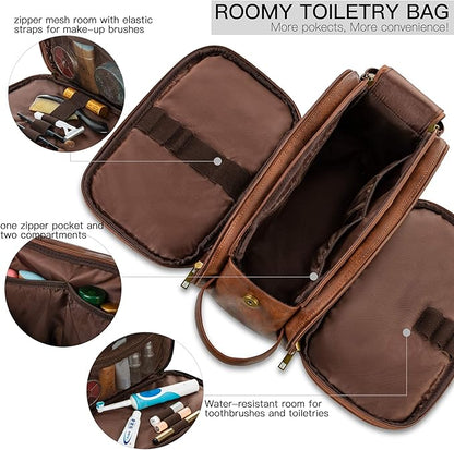 Elviros Toiletry Bag for Men, Large Travel Shaving Dopp Kit Water-resistant Bathroom Toiletries Organizer PU Leather Cosmetic Bags Fathers Day Gift (Medium, Dark Brown)