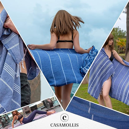 Turkish Beach Towel, Prewashed, 100% Cotton, Soft, Absorbent, Quick Dry, Sand Free Large Oversize Beach Towels for Bathroom Camping Yoga Gym Pool Travel Size 39x71 Inches (Blue)