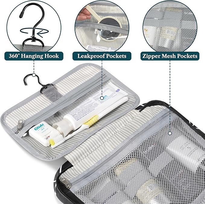 PAVILIA Hanging Toiletry Bag Travel Bag Women Men, Foldable Cosmetic Organizer, Roll up Makeup Bag, Water Resistant Accessories Toiletries, Large Travel Essentials Kit (Black Chevron)
