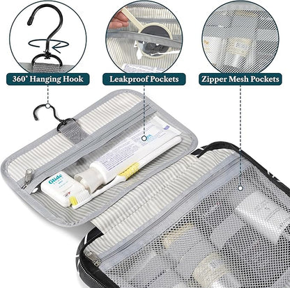PAVILIA Hanging Toiletry Bag Travel Bag Women Men, Foldable Cosmetic Organizer, Roll up Makeup Bag, Water Resistant Accessories Toiletries, Large Travel Essentials Kit (Black Chevron)
