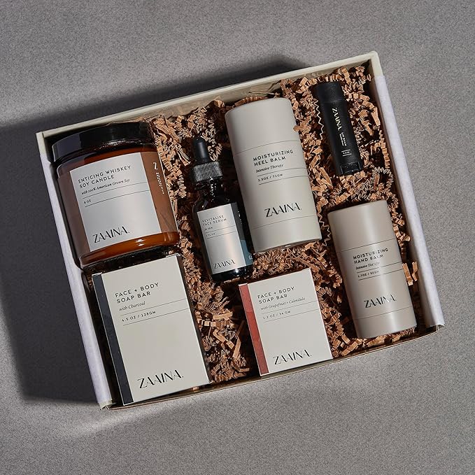ZAAINA Men’s Self Care Package, Relaxation Spa Gift Set for Him - Luxury Natural Handmade Grooming Kit for Husband Dad Friend, Birthday & Christmas Gifts for Men (Premium Set with Whiskey Candle)