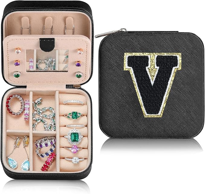 Parima Travel Jewelry Organizer for Women | Necklace, Earring, Ring Organizer | Women's Travel Gifts - Letter V, Black