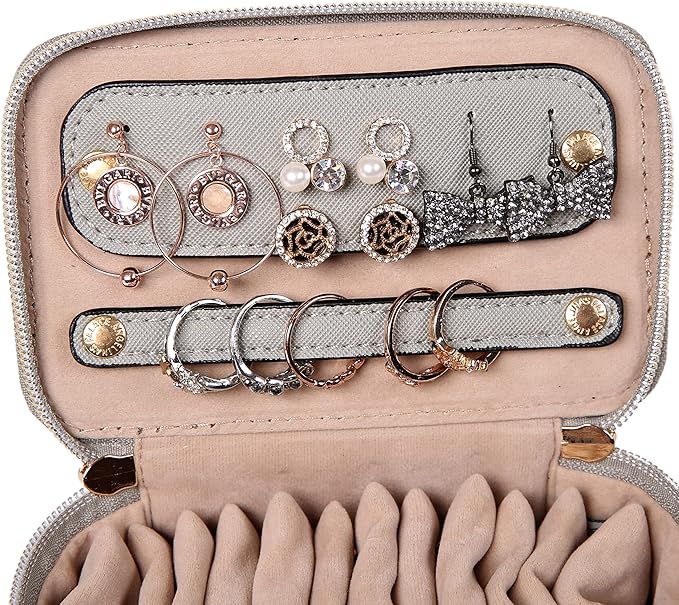 Angelina's Palace Jewelry Organizer Case Bridesmaid Gifts Travel Bag Vegan Leather Box for Necklace Earring Bracelet Ring(pearl grey)