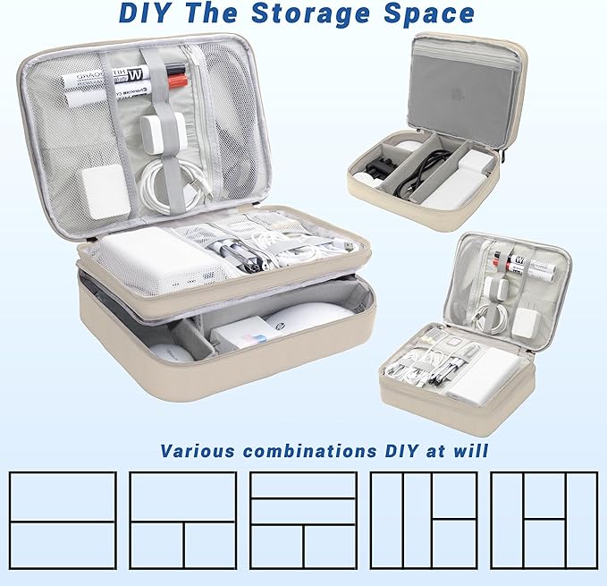 Electronics Organizer, Portable Cable Organizer Bags, Waterproof Electronic Accessories Storage Case for Cables, Cords, Charger, Phone (Three Layer-Beige)