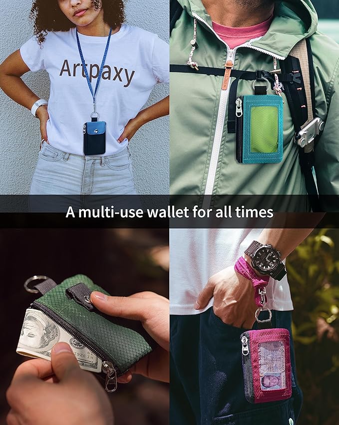 Minimalist Wallet For Mens Womens, Keychain RFID Blocking Zipper Small Wallet with ID Window 2 Lanyards,Water Resistant Travel Cash Card Coin Case Boys Girls