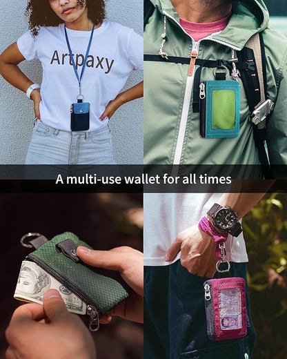 Minimalist Wallet For Mens Womens, Keychain RFID Blocking Zipper Small Wallet with ID Window 2 Lanyards,Water Resistant Travel Cash Card Coin Case Boys Girls