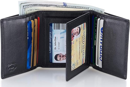 Stealth Mode Leather Trifold RFID Wallet For Men With Flip Out ID Holder
