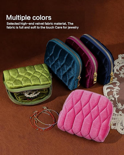 Small Travel Jewelry Case, Mini Travel Jewelry Bag with Zipper, 5-Layer Velvet Organizer Pouch for Bracelet Rings Earrings - Diamond Stitched Velvet Moss Green
