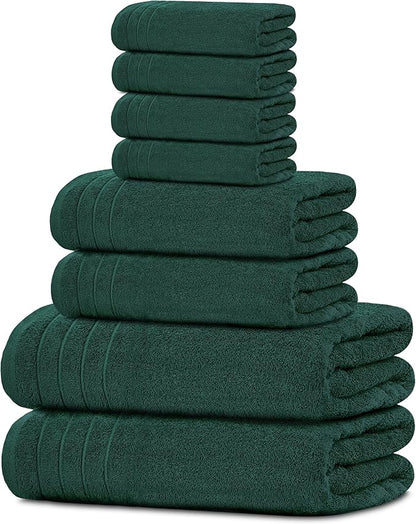 Tens Towels Pack of 8 Towels Set, 2 Extra Large Bath, 2 Hand, 4 Washcloths, 100% Cotton, Lighter Weight, Quicker to Dry, Super Absorbent, Perfect for Bathroom, Hunter Green