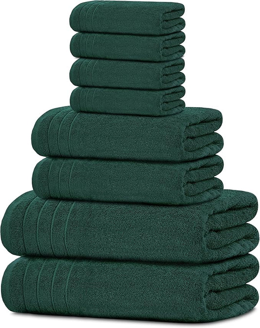 Tens Towels Pack of 8 Towels Set, 2 Extra Large Bath, 2 Hand, 4 Washcloths, 100% Cotton, Lighter Weight, Quicker to Dry, Super Absorbent, Perfect for Bathroom, Hunter Green