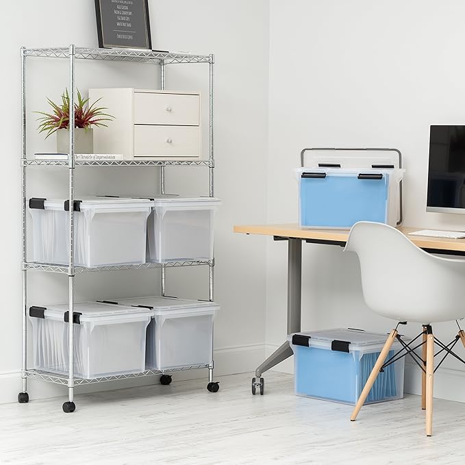 IRIS USA File Box WeatherPro File Organizer Plastic File Box for Letter/Legal File, Water Resistant Document Box, Durable Lid, Seal w/ Secure Latching Buckles, Stackable, Nestable, Clear 32 Qt. 1Pack