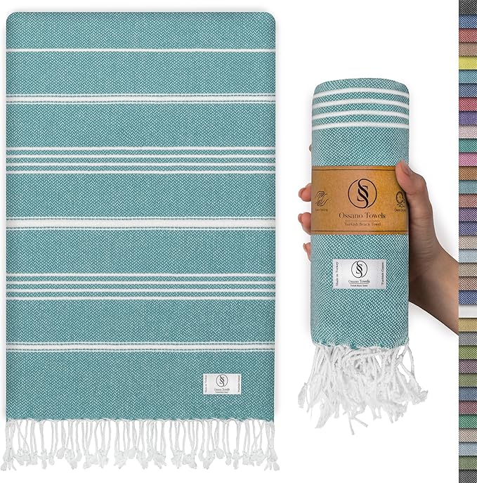 Turkish Beach Towel Striped & Compact Oversized (39" x 71") - Quick Dry, Versatile and Functional as Picnic and Travel Blanket, Bath, Gym and Pool Towel, Yoga Mat - Oil Blue