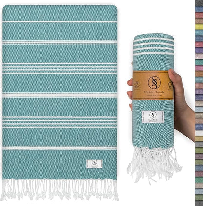 Turkish Beach Towel Striped & Compact Oversized (39" x 71") - Quick Dry, Versatile and Functional as Picnic and Travel Blanket, Bath, Gym and Pool Towel, Yoga Mat - Oil Blue