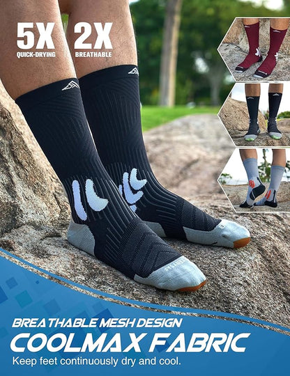 Men's Compression Running Socks: Coolmax Athletic Crew Socks Moisture Wicking Anti-Blister Cushion for Hiking 3 Pairs