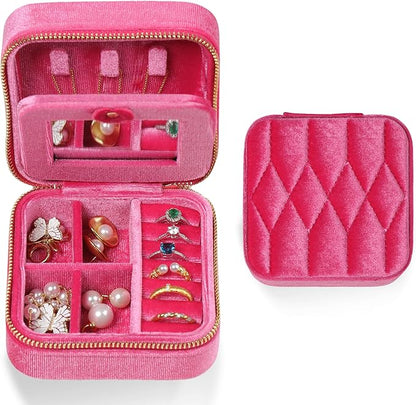 Velvet Jewelry Box – Travel Jewelry Case Organizer with Mirror, Adjustable Compartments for Women | Luxury Storage Case & Gift for Her - BarbiePink