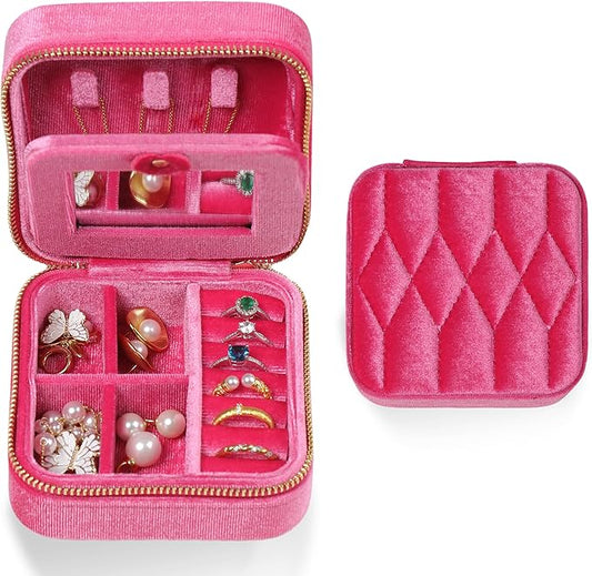 Velvet Jewelry Box – Travel Jewelry Case Organizer with Mirror, Adjustable Compartments for Women | Luxury Storage Case & Gift for Her - BarbiePink