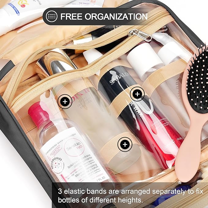 Travel Hanging Toiletry Bag for Women, with Jewelry Organizer Compartment, Medium Waterproof Hanging Makeup Accessories, Cosmetic Essentials, Toiletries Dopp Kit Set with Trolley Belt, Black
