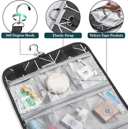 PAVILIA Hanging Toiletry Bag Women Men, Travel Kit Foldable Large Toiletries Organizer, Roll up Cosmetics Makeup Bag Accessories, Waterproof Essentials Jewelry Case (Black Chevron)