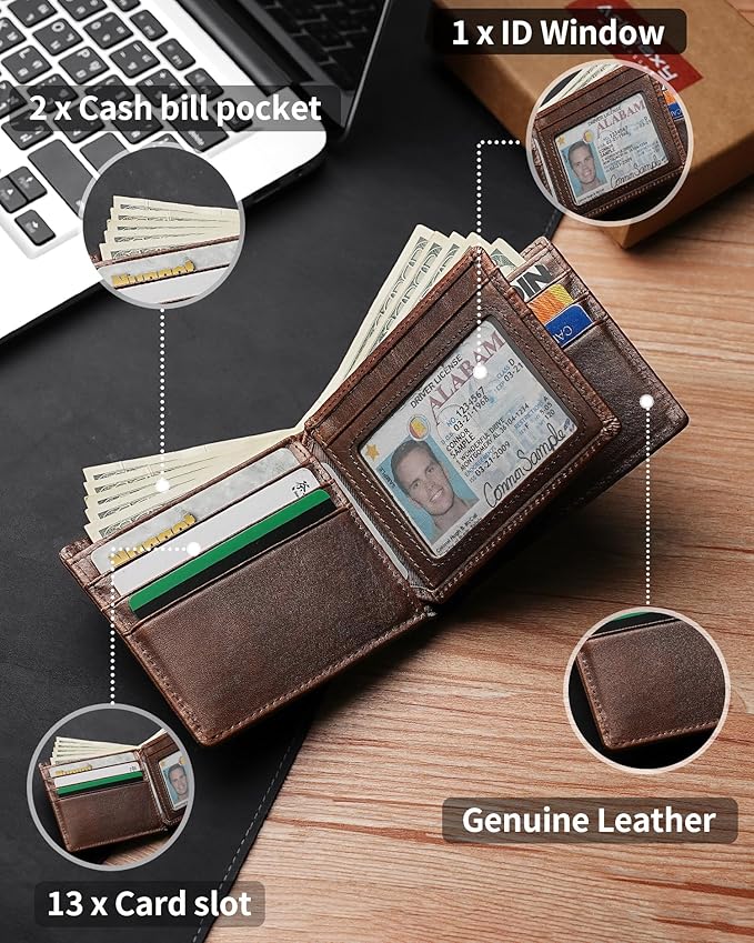 Mens Wallet Genuine Leather Bifold RFID Blocking Wallet for Men with 1 ID Window 13 Card Holders 2 cash pockets 1 Gift Box