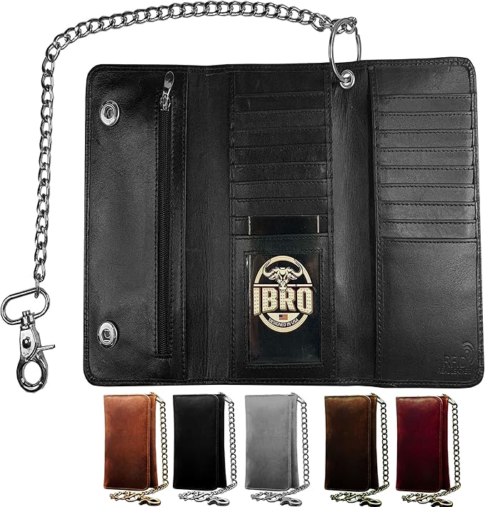 IBRO VINTAGE Motorcycle Chain Wallet for Men – Premium Cowhide Leather, RFID Tri-Fold Biker Wallet with Heavy Duty Chain for Bikers Truckers & Hunters, Credit Card Money Organizer Long Wallet