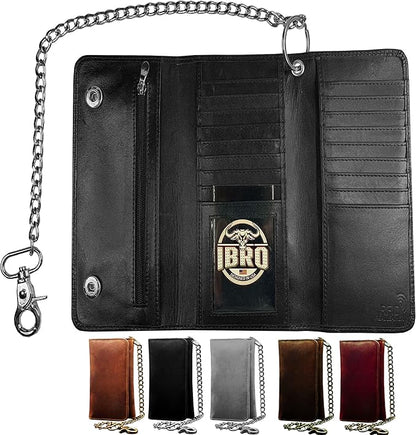 IBRO VINTAGE Motorcycle Chain Wallet for Men – Premium Cowhide Leather, RFID Tri-Fold Biker Wallet with Heavy Duty Chain for Bikers Truckers & Hunters, Credit Card Money Organizer Long Wallet