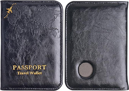QIELIZI Passport Holder with Airtag Slot, Airtag Passport Wallet for Men Women, Slim Leather Passport Holder Case Family for Travel Anti-Lost(1-Black)