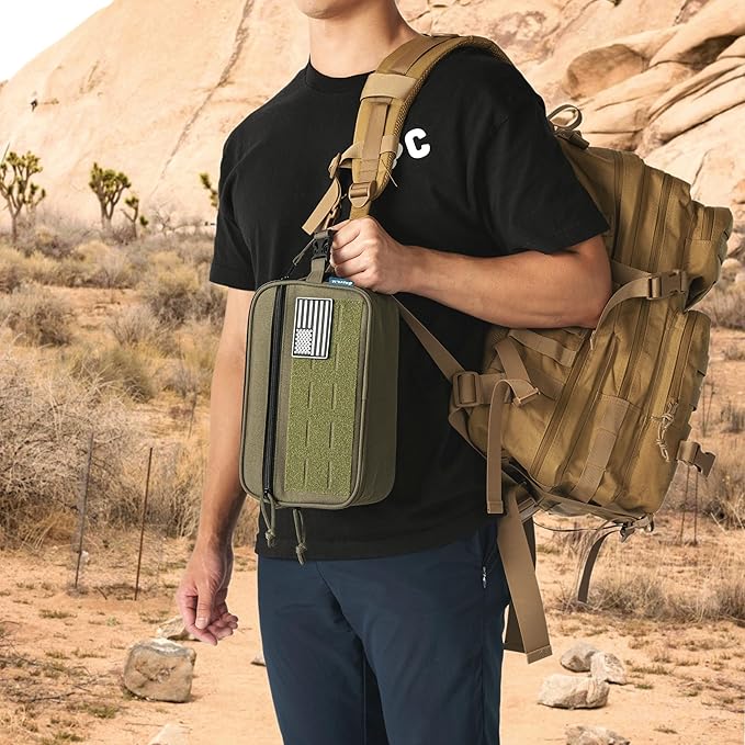 PAVILIA Tactical Toiletry Bag for Men, Travel Hygiene Bag, Military Gear Dopp Kit, Water Resist Molle Accessories Pouch, Mens Shaving Essentials, Gym Bathroom Shower Small Toiletries Tool EDC, Olive