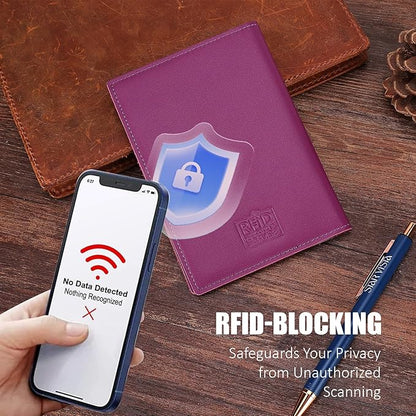 STAR VISTA Albatross Leather Travel Passport Holder, Minimalist Design, Calfskin Leather Case for Women and Men - Slim Passport Wallet, Bifold, RFID Blocking, Violet