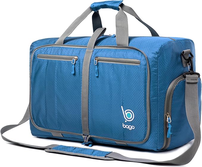 Bago Foldable Duffel Bags for Traveling Women & Men - 40L Sports Packable Duffle Bag for Travel with Shoe Compartment - Water Repellant, Heavy Duty, Lightweight Folding & Collapsible (Blue)