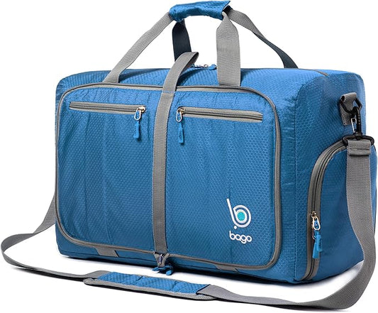 Bago Foldable Duffel Bags for Traveling Women & Men - 40L Sports Packable Duffle Bag for Travel with Shoe Compartment - Water Repellant, Heavy Duty, Lightweight Folding & Collapsible (Blue)