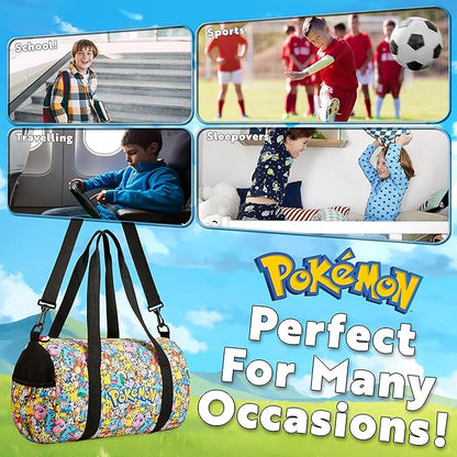 Pokemon Pikachu Duffel Kids Travel Bag - Gym Sports Overnight Holdall with Adjustable Strap & Pockets