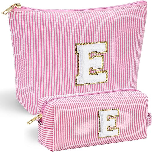 YOOLIFE Personalized Makeup Bag for Women - Monogram Cosmetic Bag Travel Toiletry Bag Brush Holder Birthday Gifts for Women Her Wedding Bridesmaid Friend Sister Teacher Wife Grandma Pink Initial E