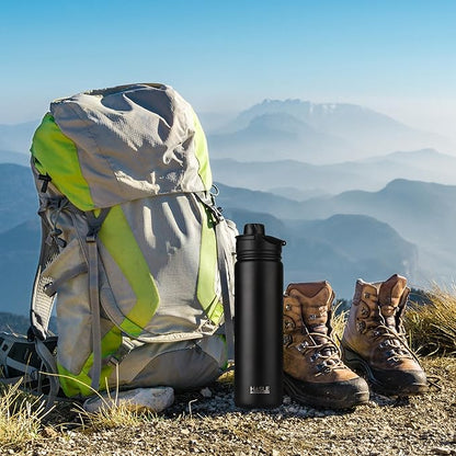 HASLE OUTFITTERS Insulated Water Bottle 22 oz Double Wall Stainless Steel Water Bottle Wide Mouth with Straw Lid & Spout Lid Keeps Cold or Hot(Black,1)