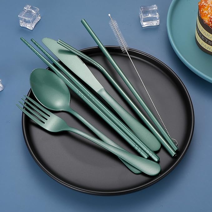Portable Stainless Steel Flatware Set, Travel Camping Cutlery Set, Portable Utensil Travel Silverware Dinnerware Set with a Waterproof Case (Green)