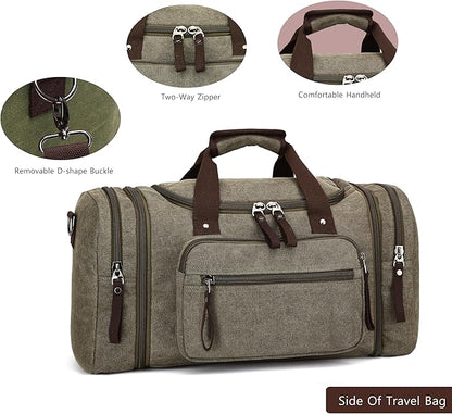 Travel bag large capacity men's luggage bag, expandable canvas leather 55 liters large capacity weekend hiking waterproof(green)