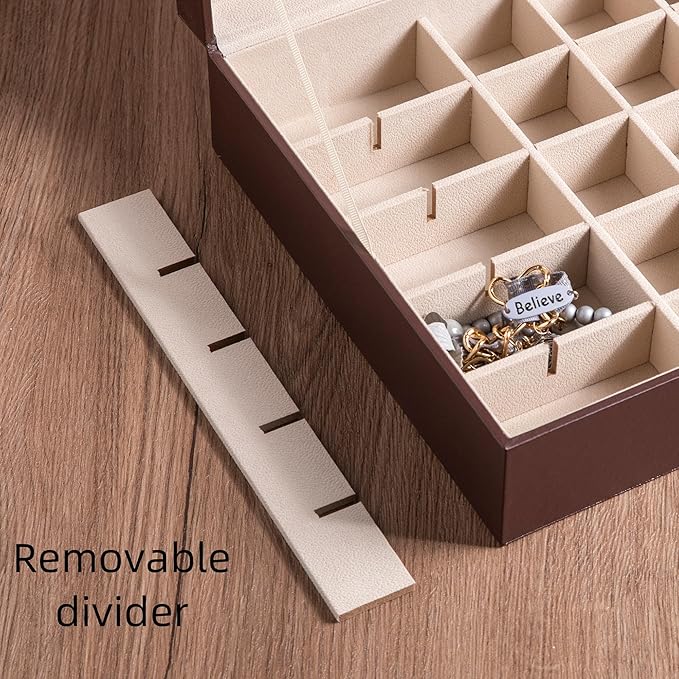 Frebeauty Earring Organizer Classic Jewelry Box 50 Slots Double Layer Jewelry Storage Case with 6 Necklace Hook and Bracelet Pocket(Dark Brown)