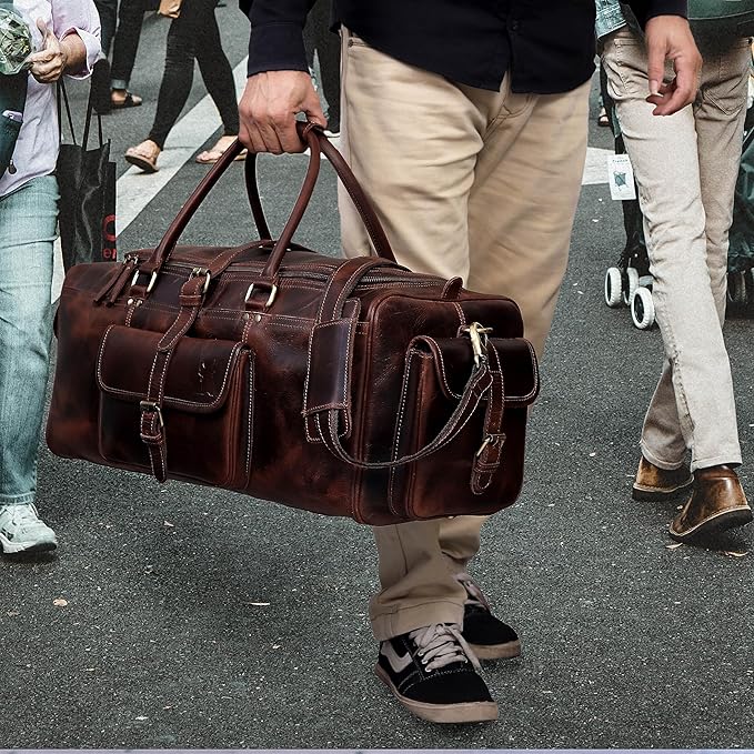 Leather Duffle Bag for Men, Overnight 21 Inch Weekender Duffel Gym Bag, Full Grain Leather Travel Carry-On Bag, Ideal for Sports, Airplane Luggage by Leather Farm