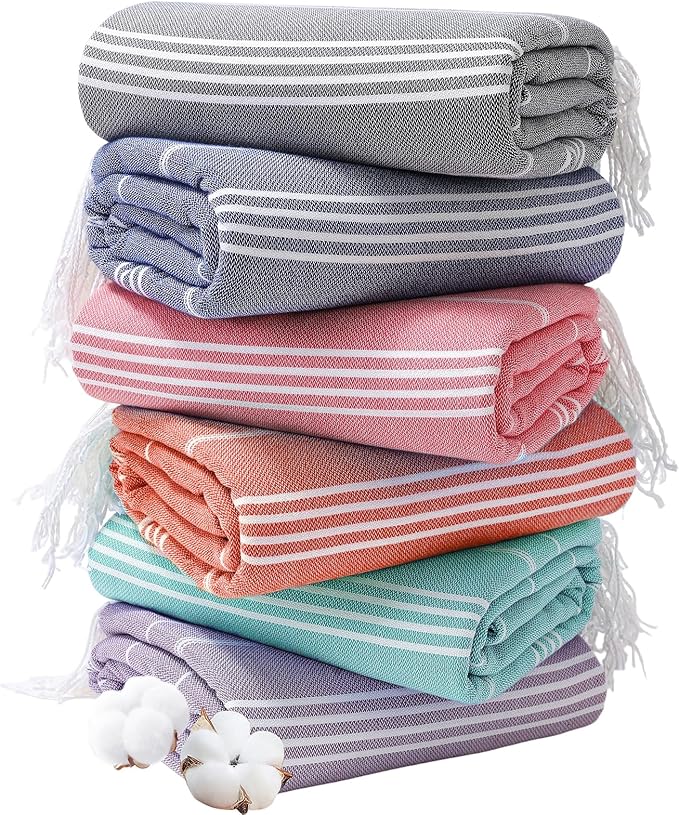 Genovega 6 Oversized Turkish Beach Bath Towel Set Bulk 74"x38" Sand Free Extra Large Quick Dry Swimming Camping Pool Clearance Towels Blanket Essentials Adult Multi Stripes Orange