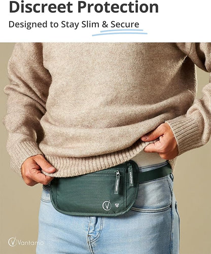Vantamo Money Belt with RFID For Men & Women, Hidden Passport Holder for Travel, 2 Compartment Travel Fanny Pack for Women Anti Theft