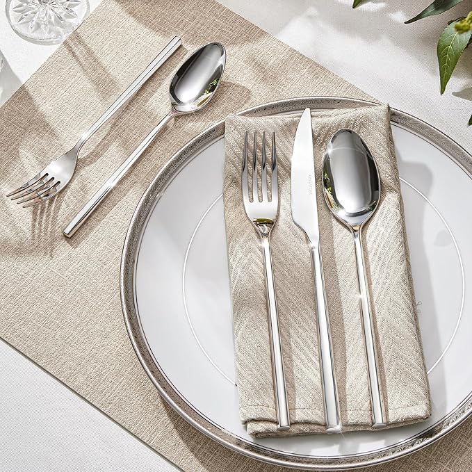 KINGSTONE 5-Piece Silverware Set, 18/10 Stainless Steel Flatware Cutlery Set with Hexagon Handle, for Hotel, Home, Party, Wedding Gift, Mirror Polish and Dishwasher Safe