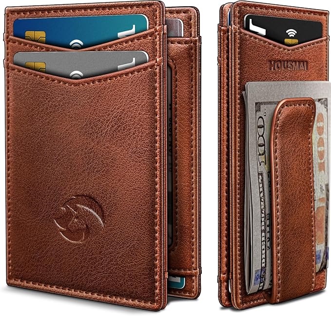 Magnetic Closure Slim Wallet with Money Clip Gift Boxed,Genuine Leather Front Pocket Wallet for Men, 3.9"x 2.10", RFID Blocking