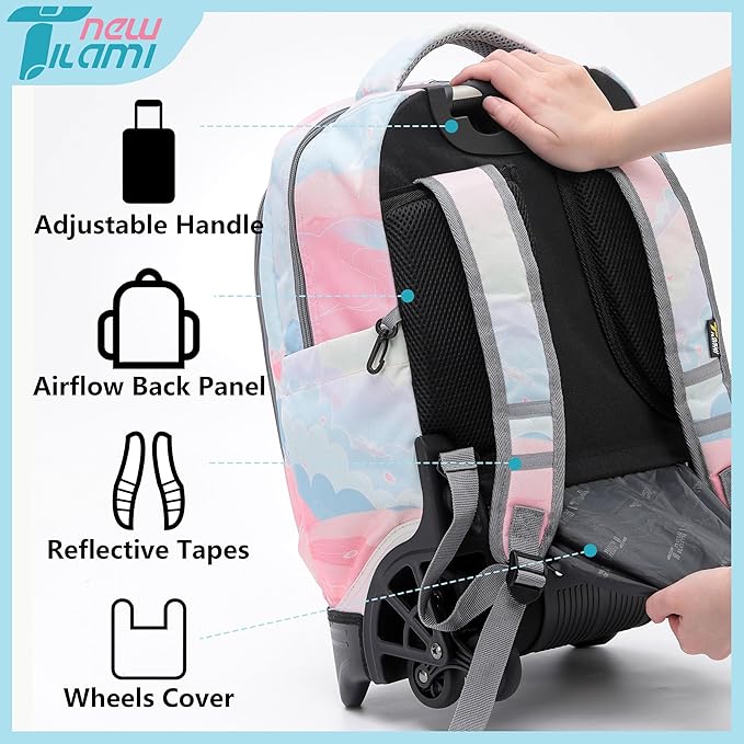 NEW TILAMI 18 Inch Rolling Backpack with Wheels for Girls Boys Kids Laptop Backpack School Travel, Pink Sunset