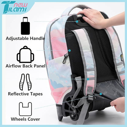 NEW TILAMI 18 Inch Rolling Backpack with Wheels for Girls Boys Kids Laptop Backpack School Travel, Pink Sunset
