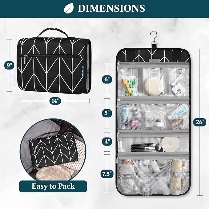 PAVILIA Hanging Toiletry Bag Women Men, Travel Kit Foldable Large Toiletries Organizer, Roll up Cosmetics Makeup Bag Accessories, Waterproof Essentials Jewelry Case (Black Chevron)