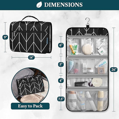 PAVILIA Hanging Toiletry Bag Women Men, Travel Kit Foldable Large Toiletries Organizer, Roll up Cosmetics Makeup Bag Accessories, Waterproof Essentials Jewelry Case (Black Chevron)