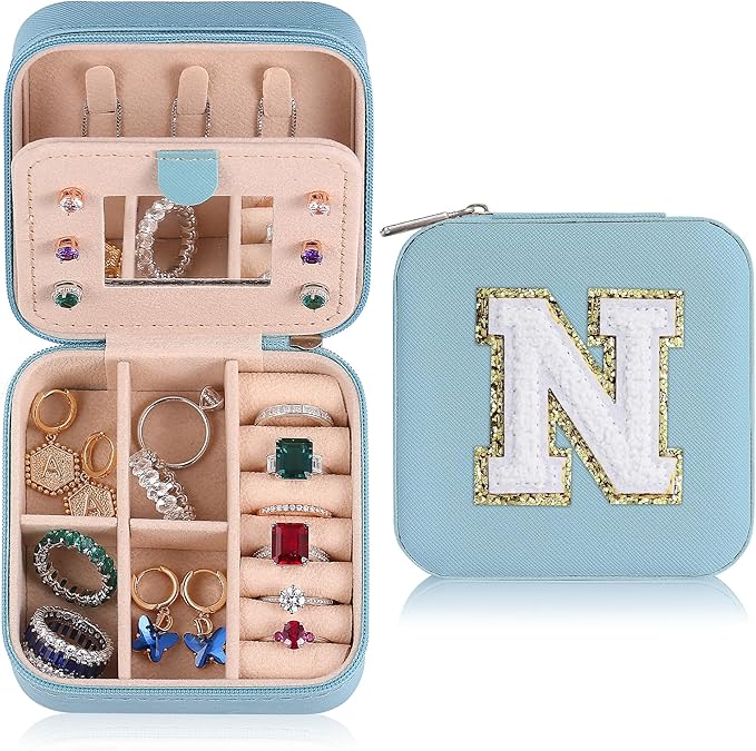 Parima New Home - Personalized Jewelry Holder Organizer for Travel | Preppy Stuff & Room Decor for Teen Girls - Letter N, Sky Blue