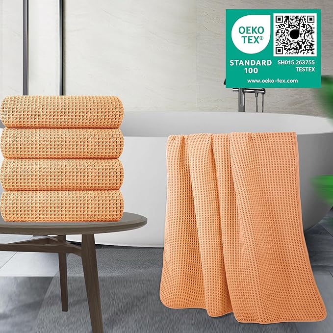 POLYTE Microfiber Oversize Quick Dry Lint Free Bath Towel, 60 x 30 in, 4 Pack (Waffle Weave)