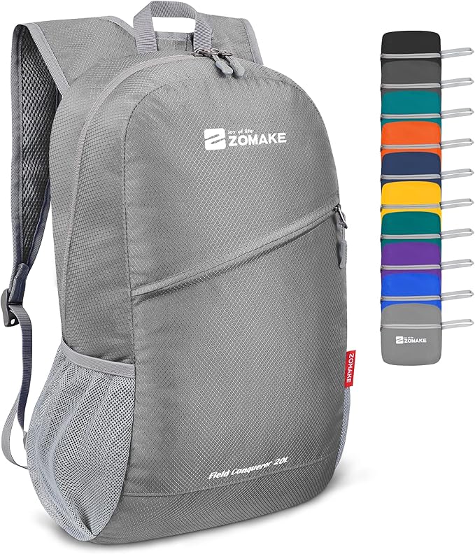 ZOMAKE Lightweight Packable Backpack 20L, Foldable Backpacks Small Daypack for Hiking Water Resistant Day Bag for Travel(Silver Grey)